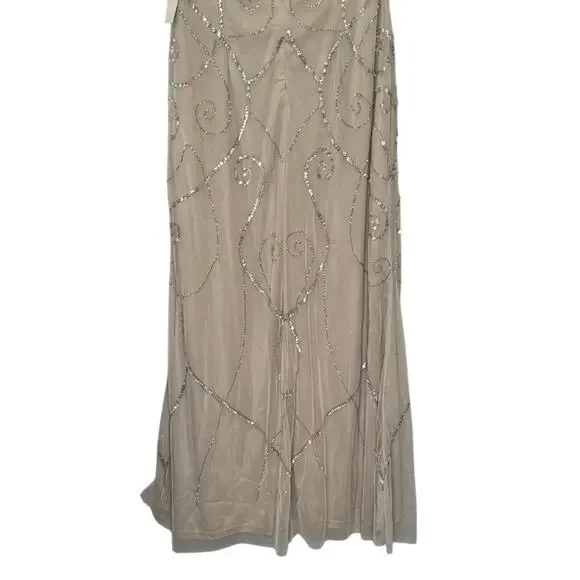 NWT Adrianna Papell Studio Beaded Sequin Long Gown Dress Biscotti Sz 12